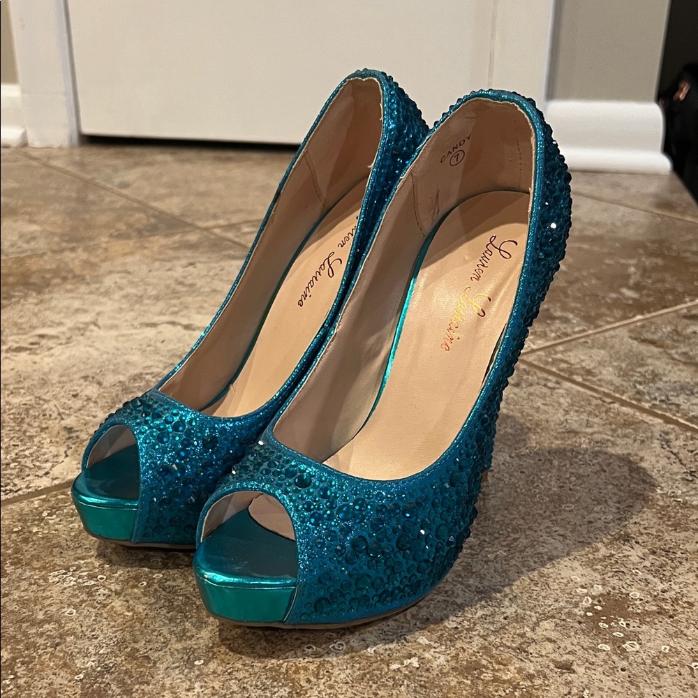 Lauren Lorraine Sparkling Teal Peep-Toe Heels